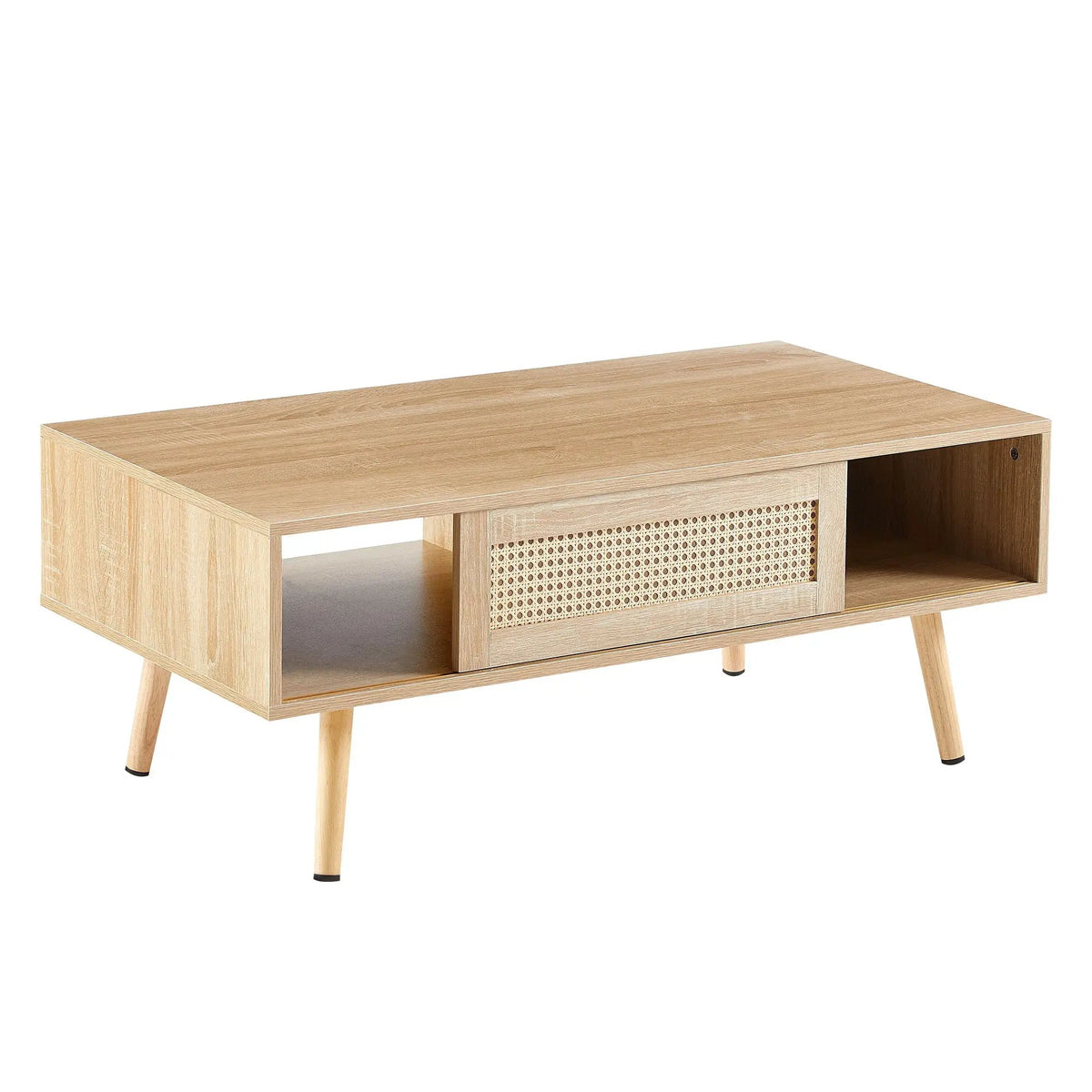 Rattan Coffee Table | 41.34 Inch Width | Sliding Storage Door | Solid Wood Legs
