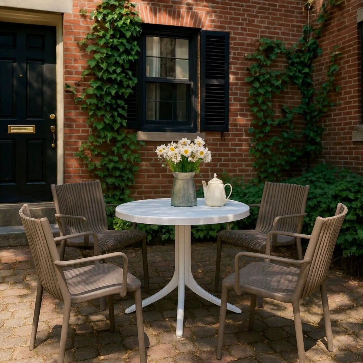 4 Modern Stackable Plastic Armchair Matched With Round Table 5 Piece Outdoor Set | 5 Piece Outdoor Set | Outdoor Living Furniture | Outdoor Living