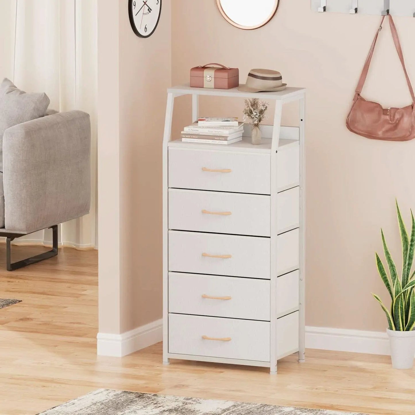 White Dresser With 5 Drawers And Wood Top Bedroom Storage from PriceLows™