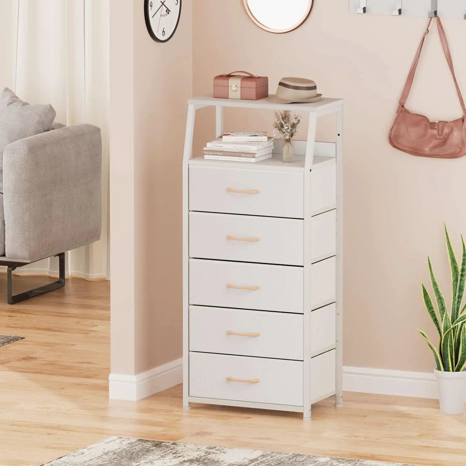 White Dresser With 5 Drawers And Wood Top Bedroom Storage from PriceLows™