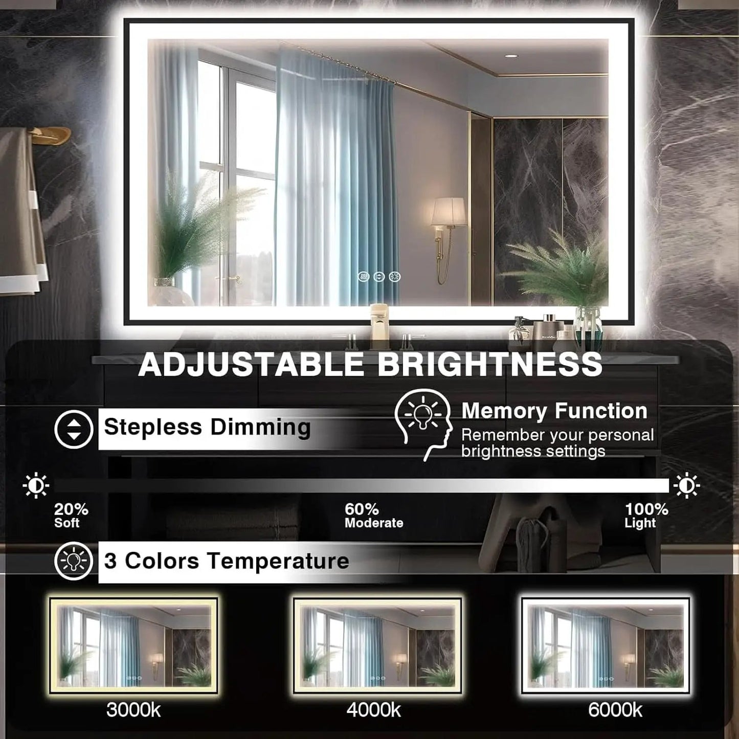60X40 Matte Black LED Bathroom Mirror With Dimmable Lights from PriceLows™