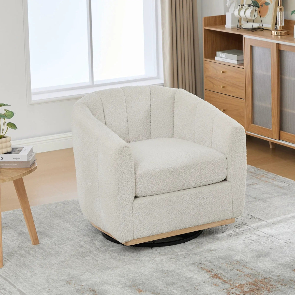 360 Degrees Swivel Upholstered Barrel Armchair For Living Room - | Swivel Chair | Chenille & Fabric | Ivory