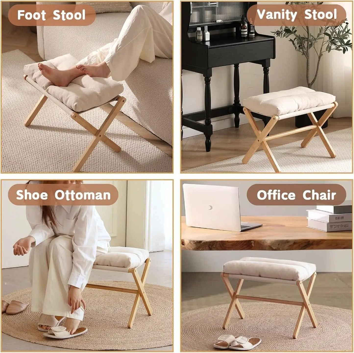 Bamboo Foldable Ottoman Foot Rest Beige Upholstered from PriceLows™