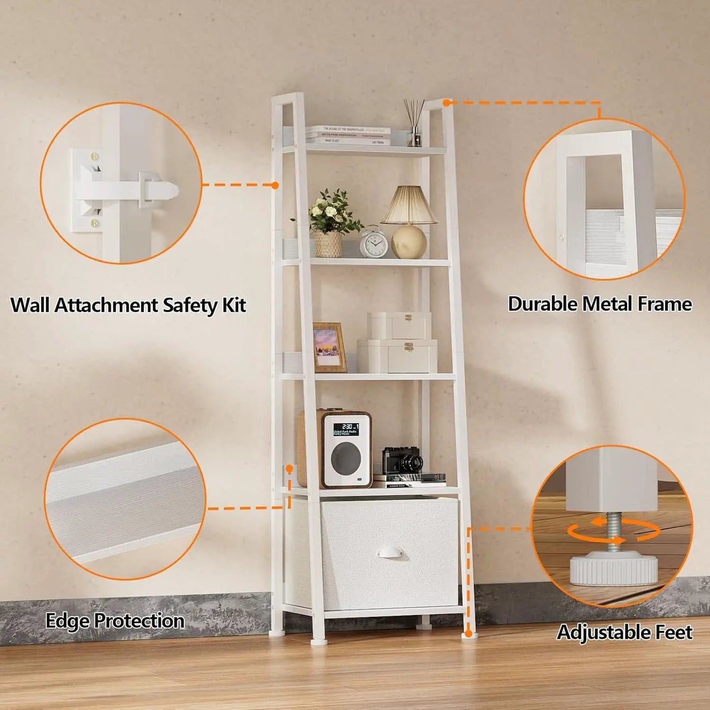 5 Tier White Ladder Shelf With Removable Fabric Drawer from PriceLows™