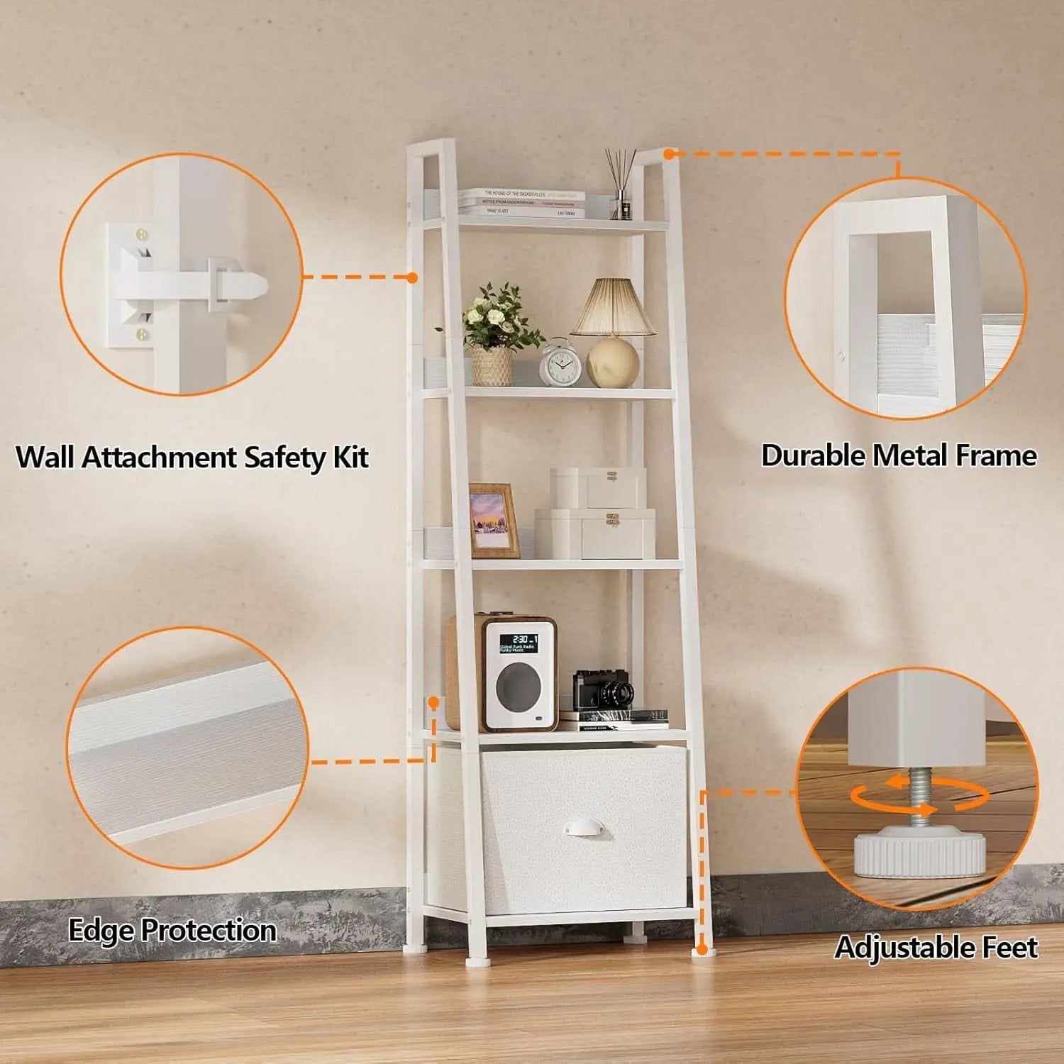 5 Tier White Ladder Shelf With Removable Fabric Drawer from PriceLows™