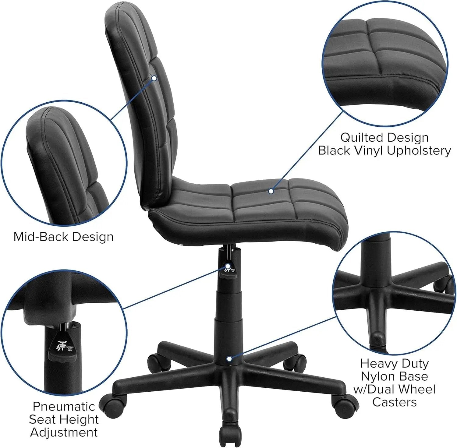 Clayton Mid Back Tufted Vinyl Office Chair Black Swivel from PriceLows™