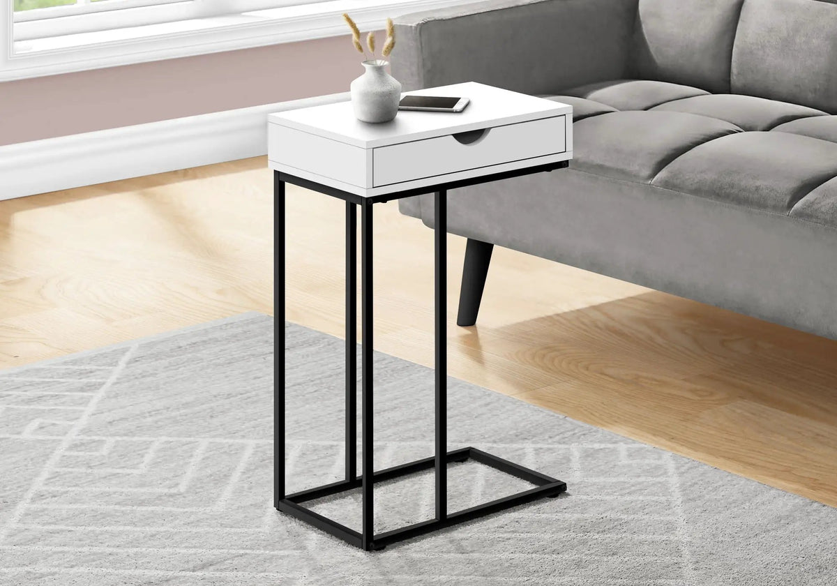 Versatile C-Shaped Accent Table | Pass-Through Drawer | Slide-Under Base | Contemporary Style