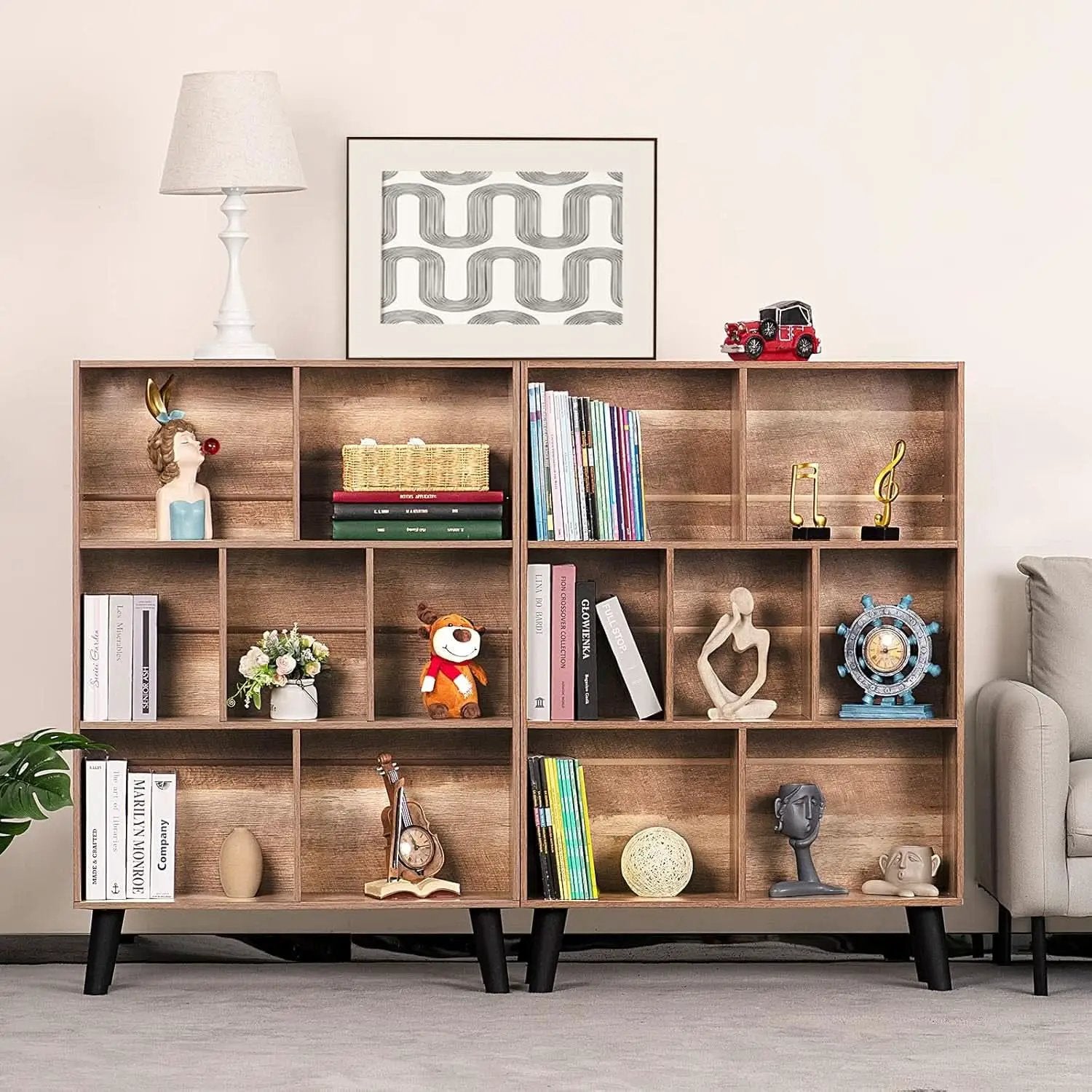 7 Cube Bookshelf 3 Tier Modern With Legs Oak Grey Display from PriceLows™