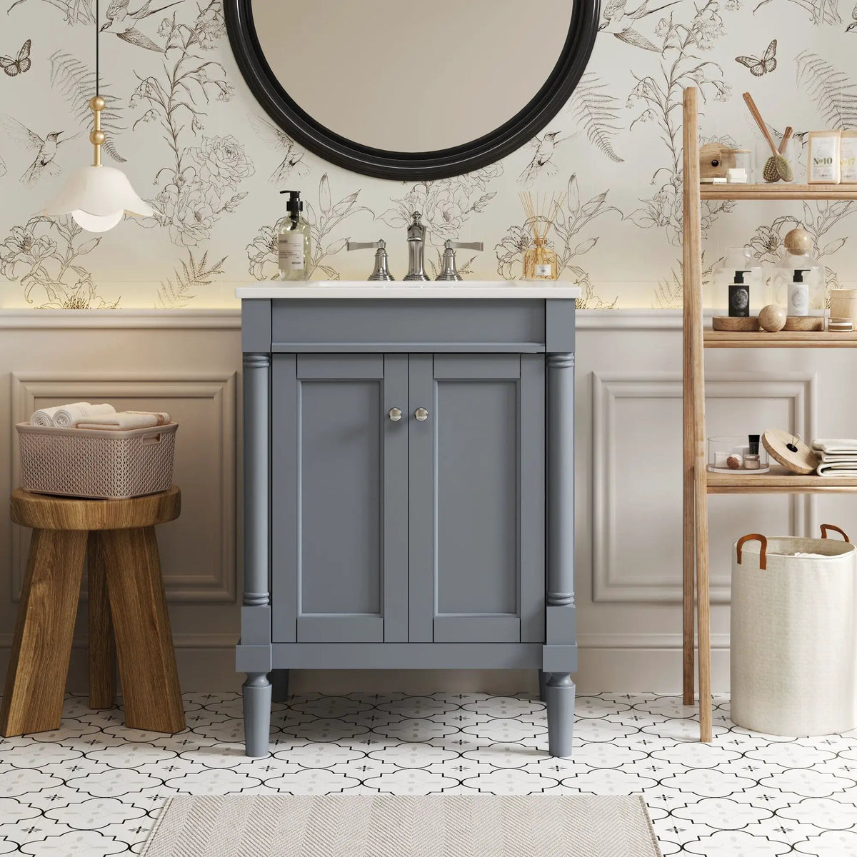 24 Inch Bathroom Vanity With Top Sink | 2 Tier Storage Cabinet | Retro Metal Handles | Soft-Closing Hinges