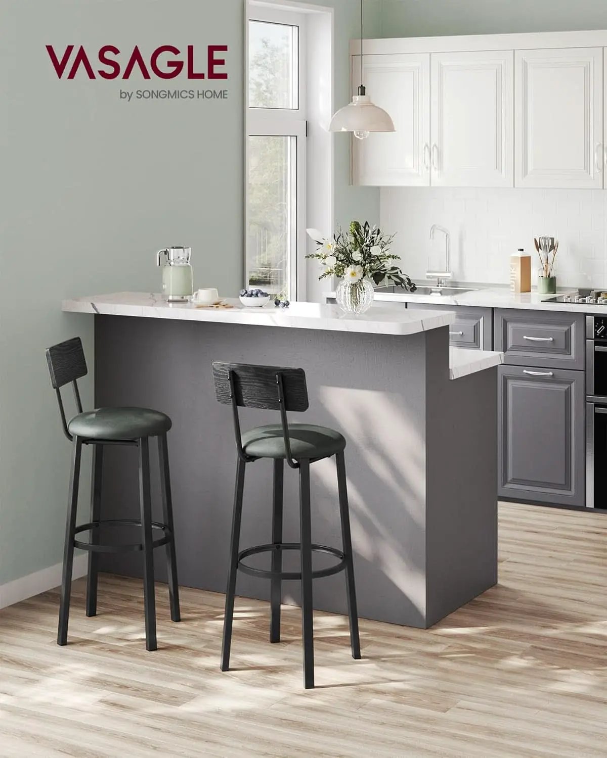 29.7 Inch PU Bar Stools Set Of 2 With Backrest And Footrest from PriceLows™