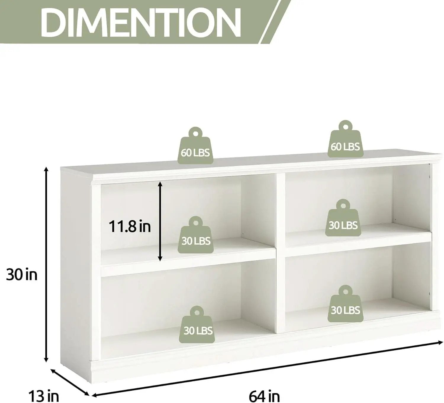 White Double Wide Bookshelf 64 Inch 2 Tier Storage Unit from PriceLows™