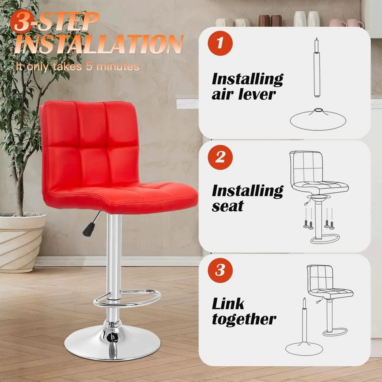 Red Adjustable Swivel Bar Stools Set Of 2 PU Leather from PriceLows™