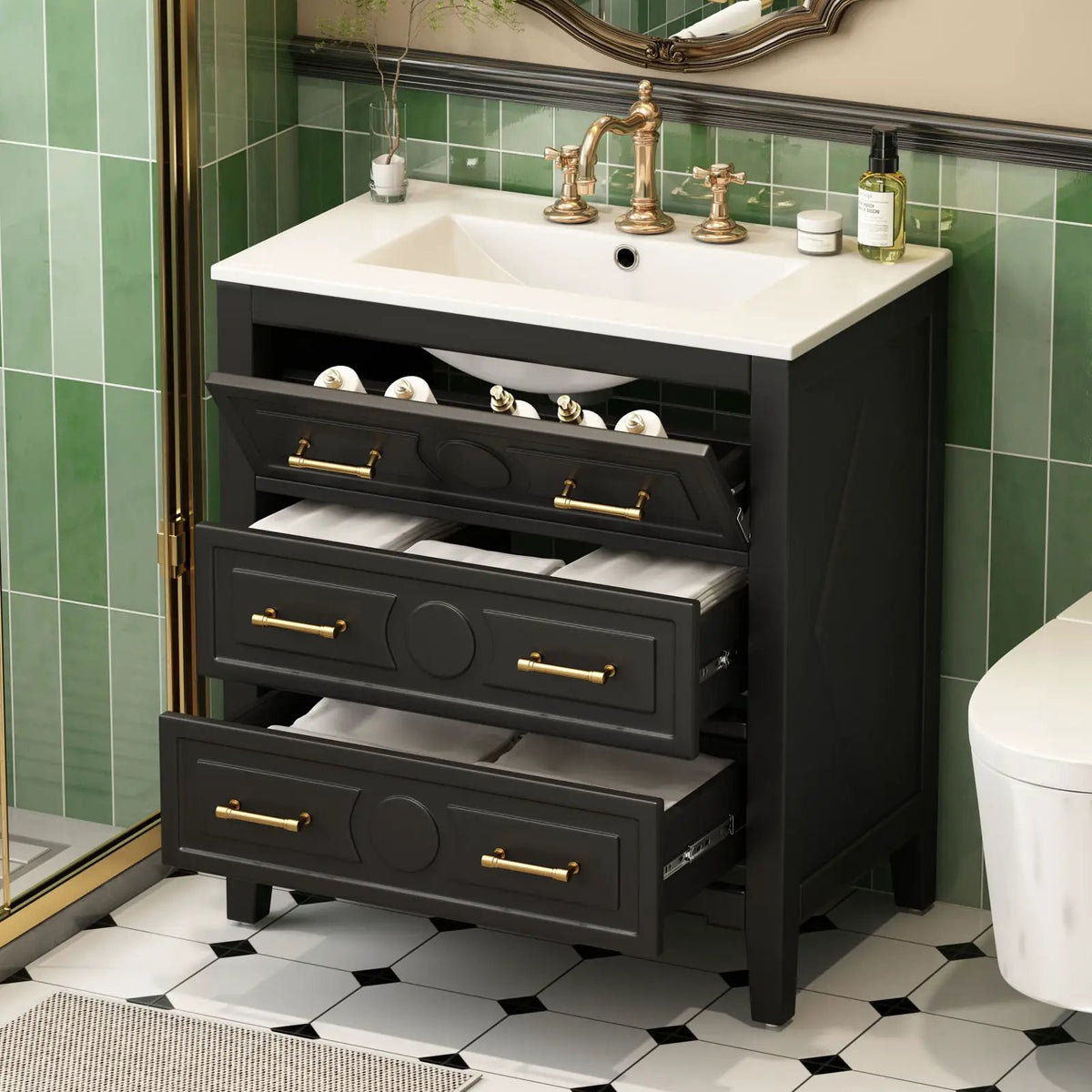 30 Inch Retro Bathroom Vanity | Free Standing Single Set | 3 Drawers | Solid Wood Frame