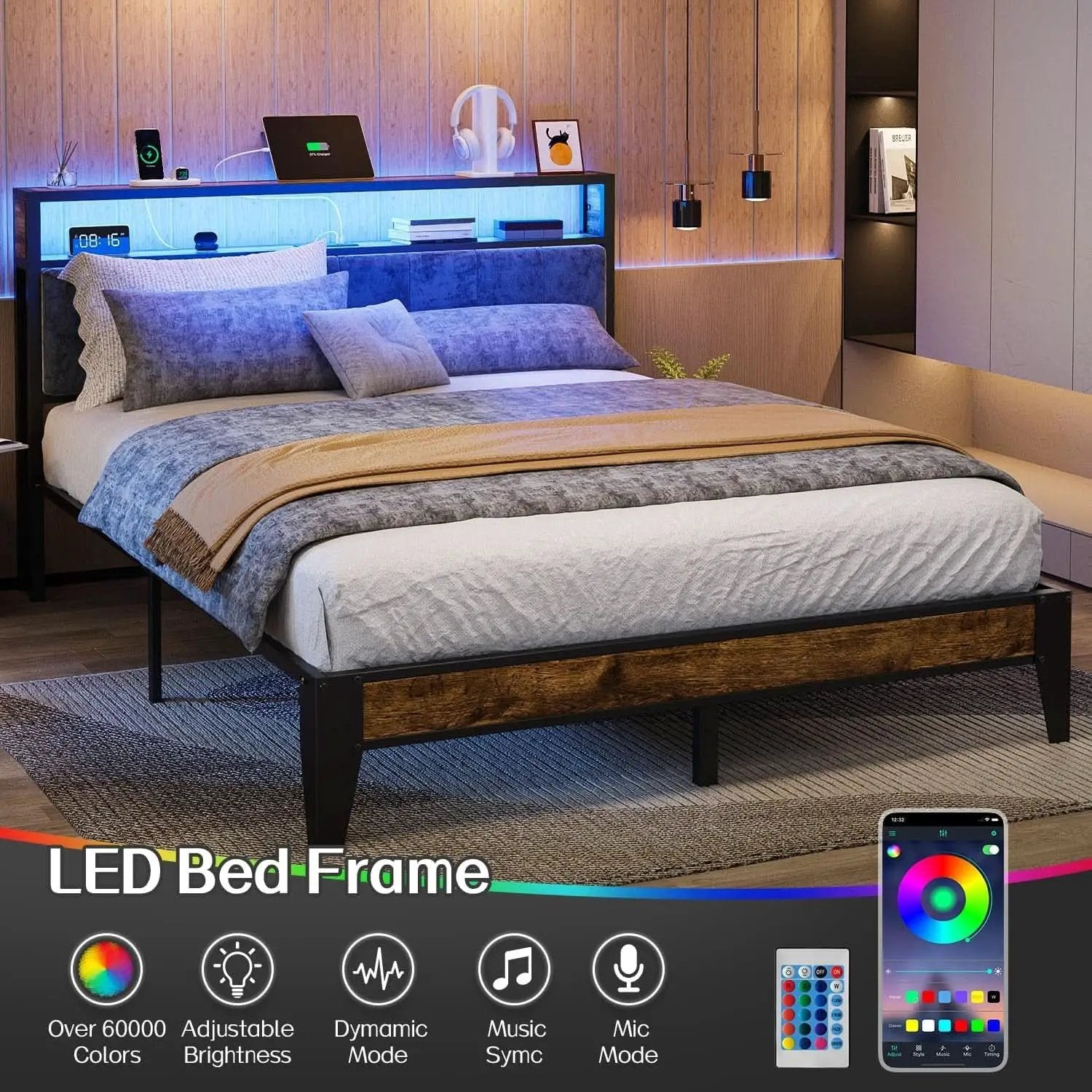 Queen Size RGB LED Headboard With Storage And Charging from PriceLows™
