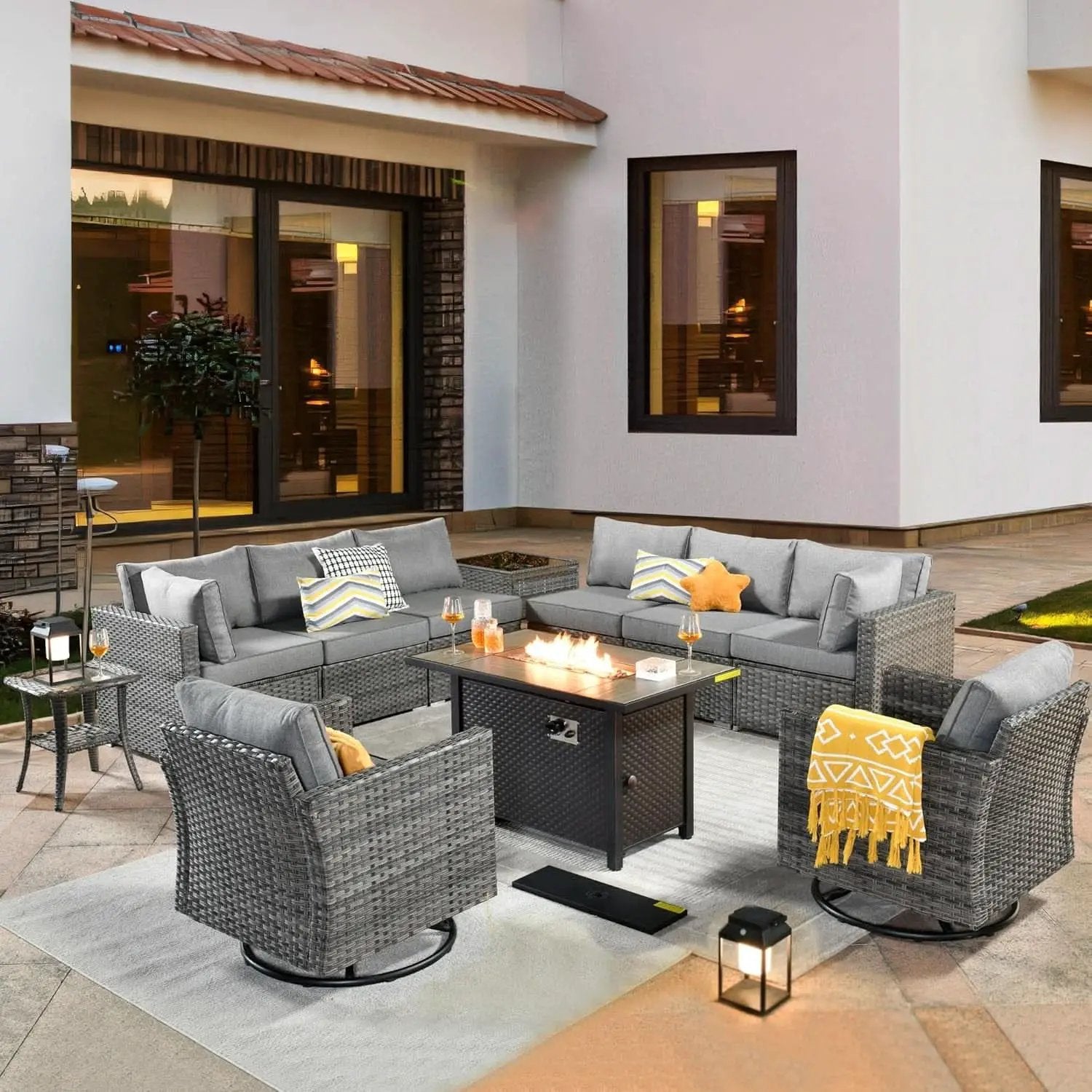 11 Piece Outdoor Patio Furniture Set With Fire Pit Table Dark Grey Wicker Sectional And Swivel Chairs from PriceLows™
