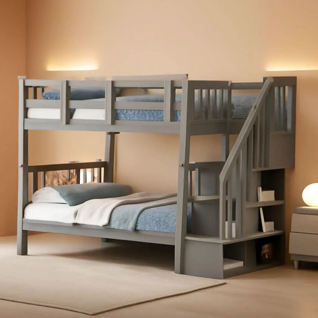 Twin Over Twin Bunk Beds With Stairs Grey For Kids Dorm from PriceLows™
