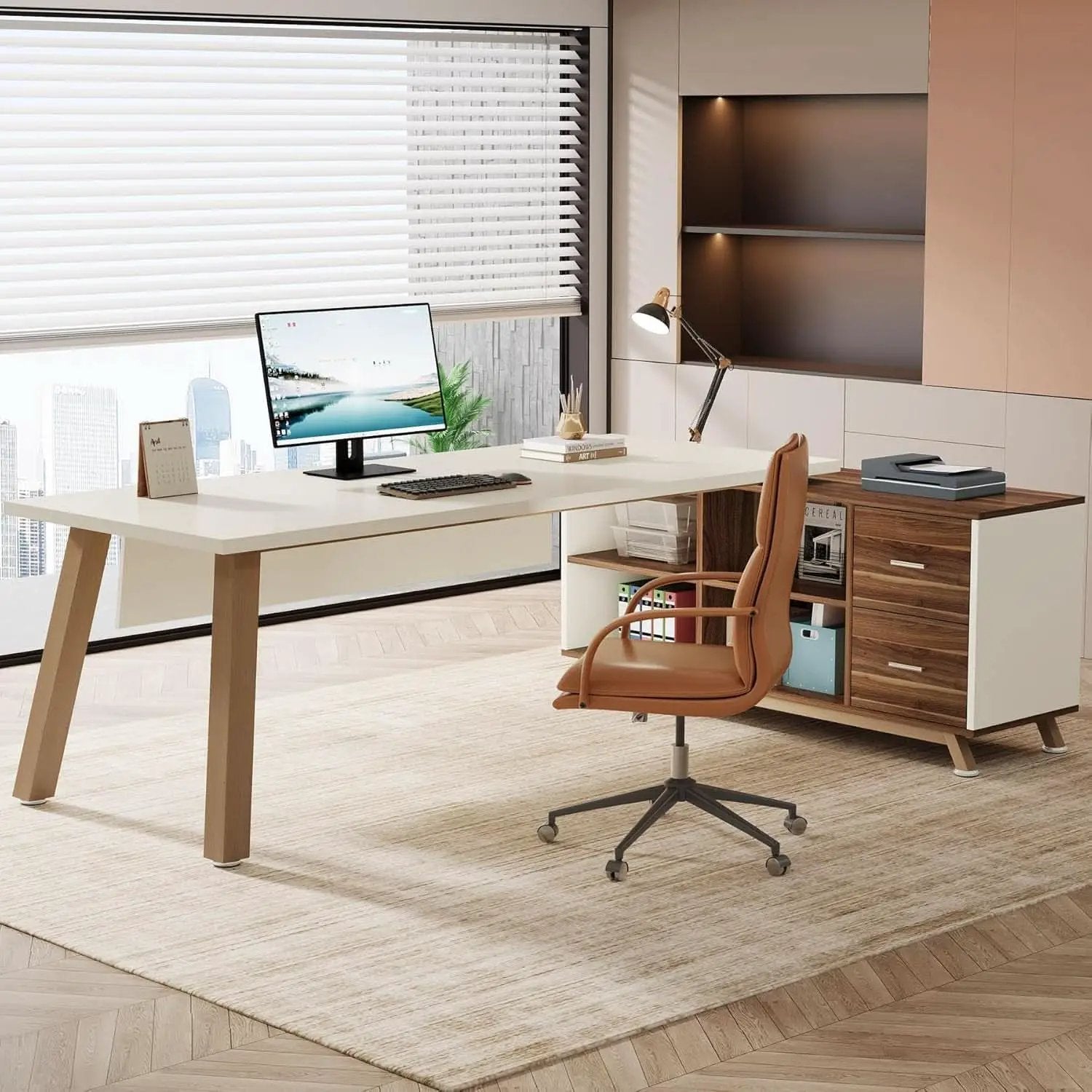 71 Inch Walnut White L Shaped Desk With 55 Inch Cabinet from PriceLows™
