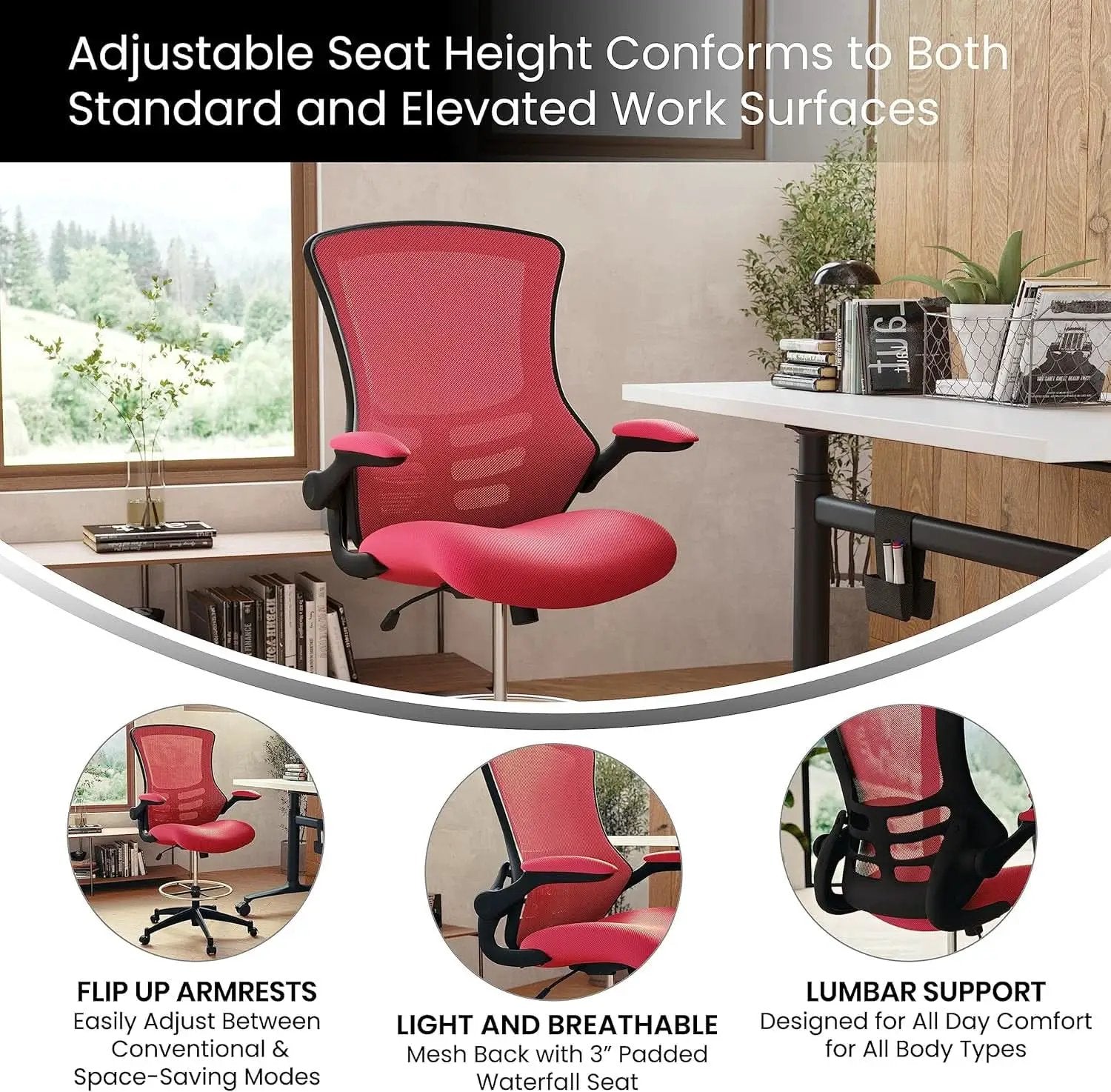 Kelista Red Mid Back Swivel Office Chair With Flip Armrests from PriceLows™