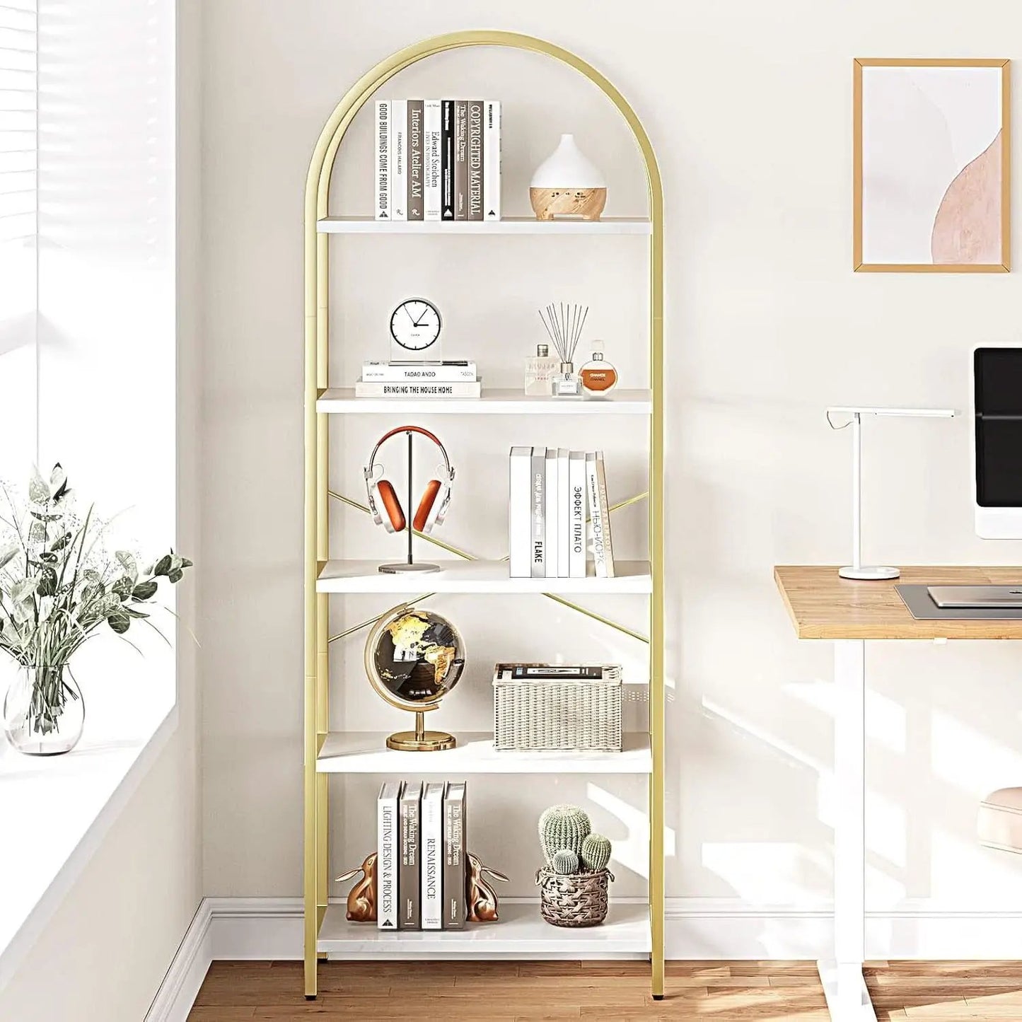 5 Tier Bookshelf Arched Display White Gold Metal Frame Bookcase from PriceLows™