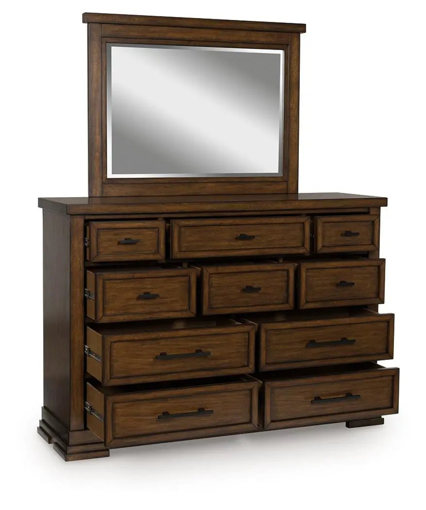 Taffenbrook Dresser And Mirror | Medium Brown | Lined Top Drawers | Bedroom Storage
