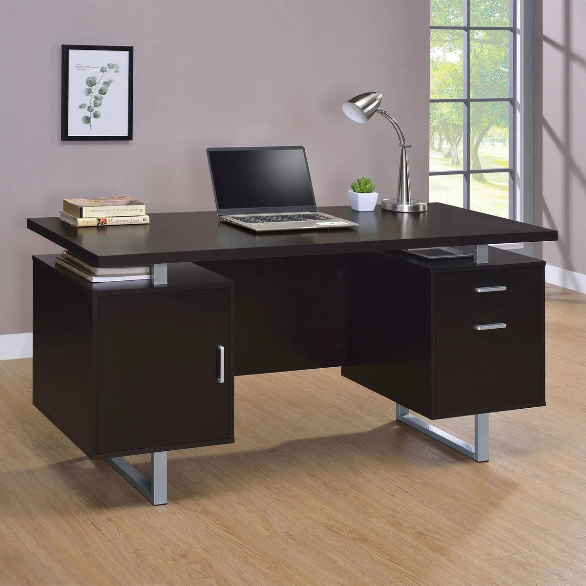 Lawtey 60-inch 2-drawer Office Computer Desk | 60 x 23.5 x 30 in | Metal & Veneer | Cappuccino