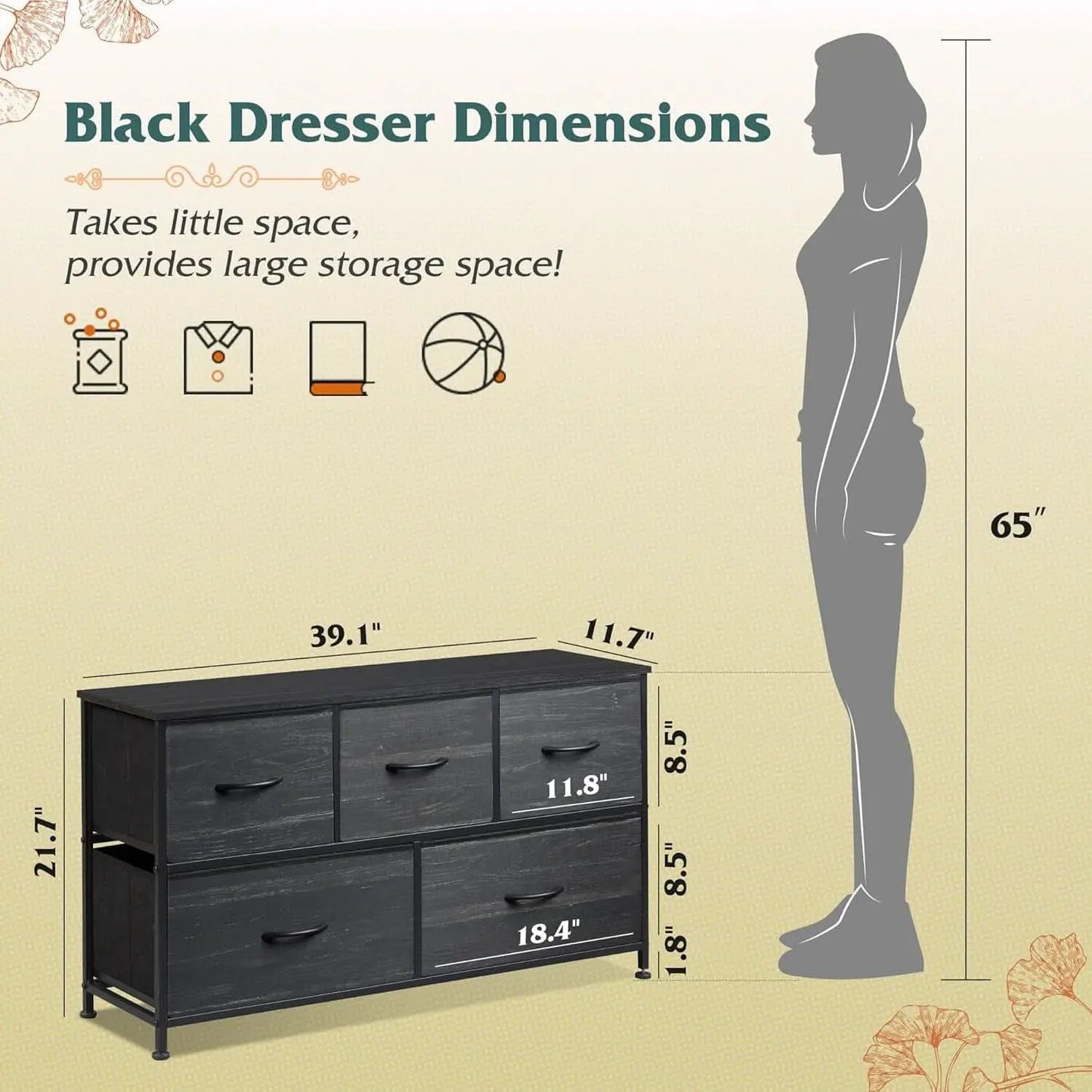 Charcoal Black Wood Grain Dresser With 5 Drawers And Fabric Bins from PriceLows™