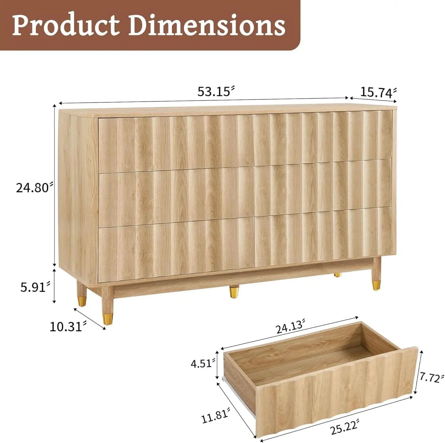 Fluted Six Drawer Dresser Walnut Finish FiftyThreeInchWide from PriceLows™