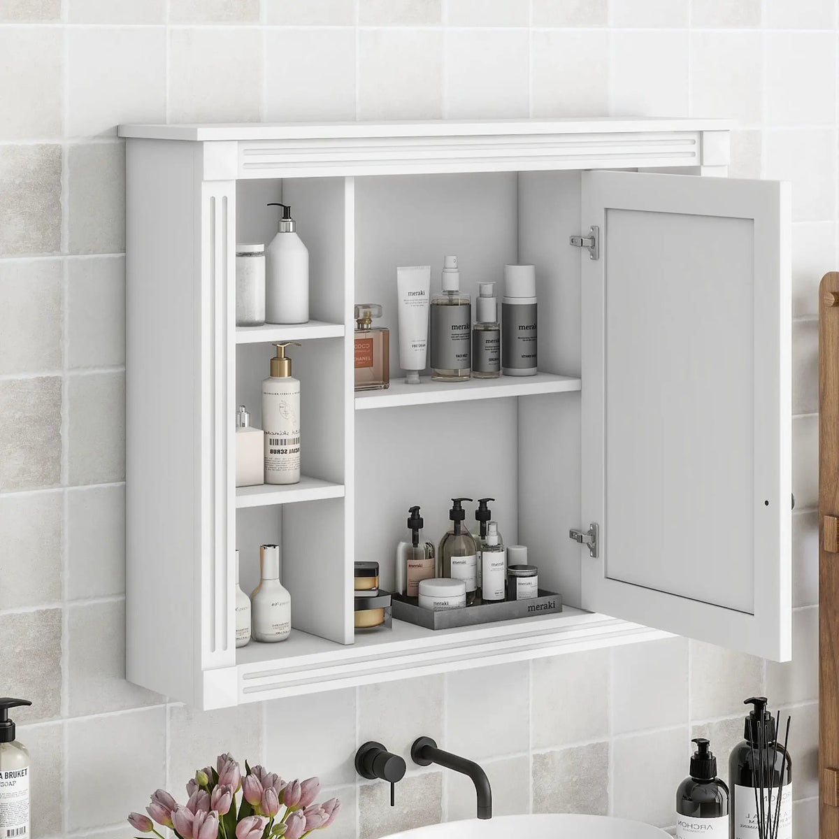 Bathroom Storage Cabinet With Mirror | 6 Open Shelves | Vintage Handle | Adjustable Interior