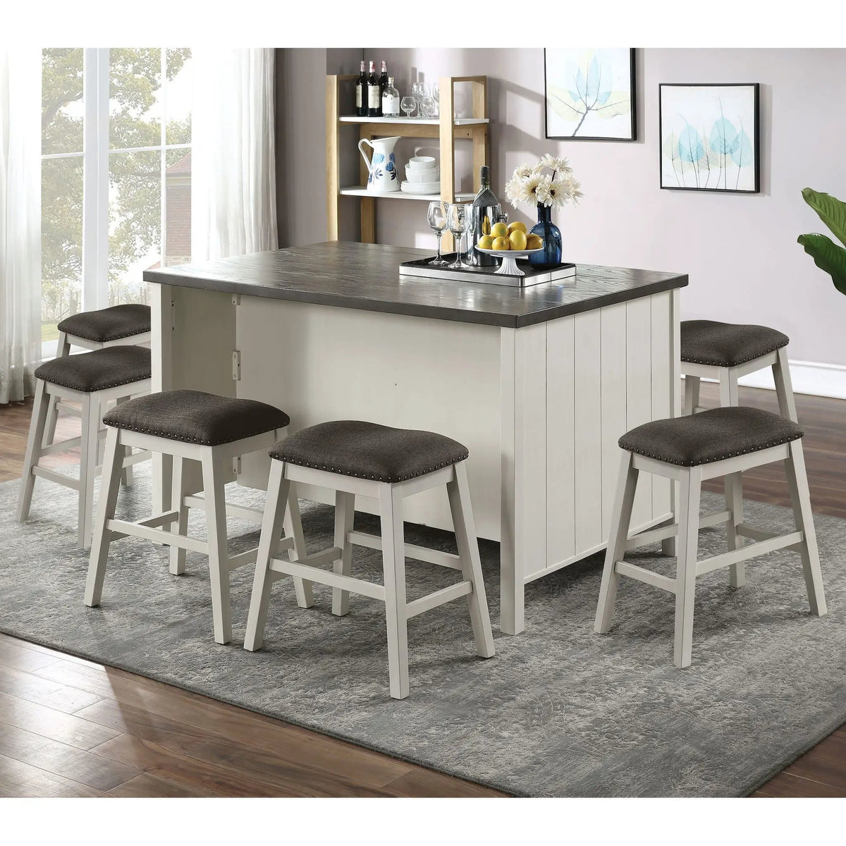 Counter Height Dining Table | Storage Cabinet Base | Two-Tone Dark Gray And Off-White | 60 Inch Width