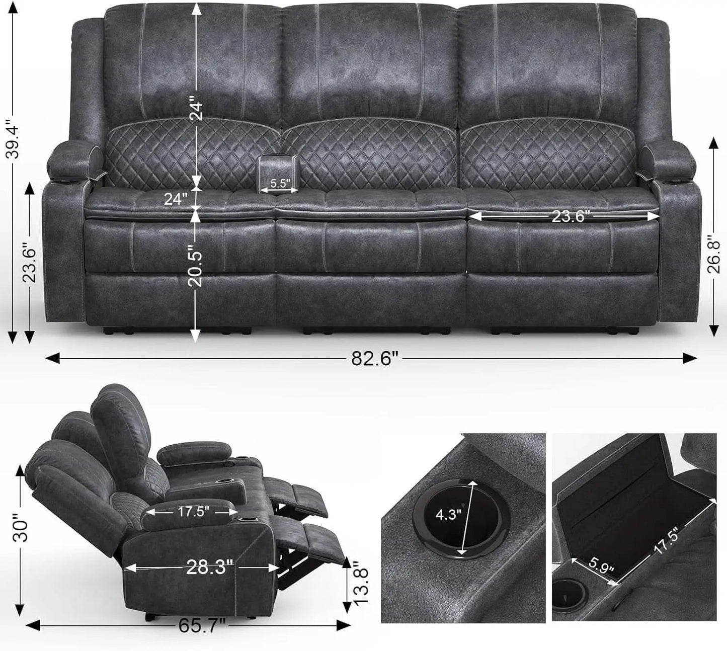 Grey Three Seater Manual Recliner Sofa Modern Living Room from PriceLows™