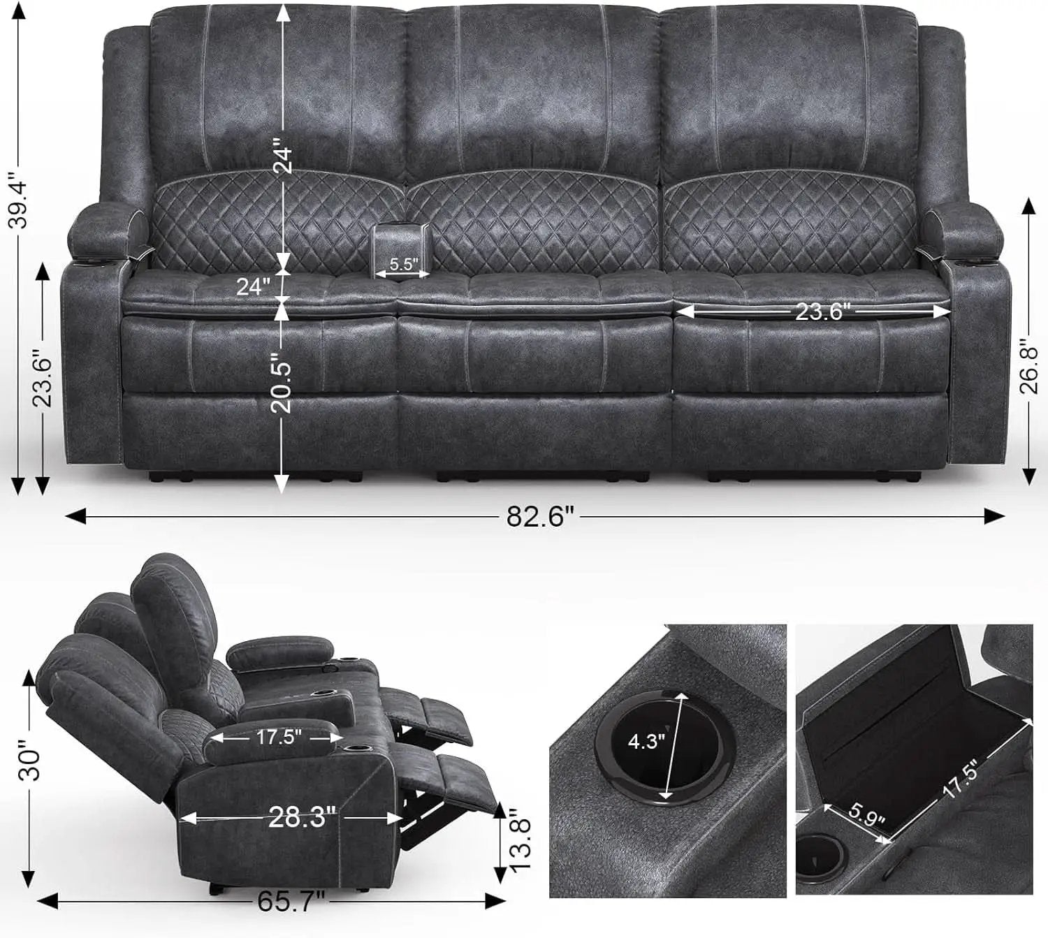 Grey Three Seater Manual Recliner Sofa Modern Living Room from PriceLows™