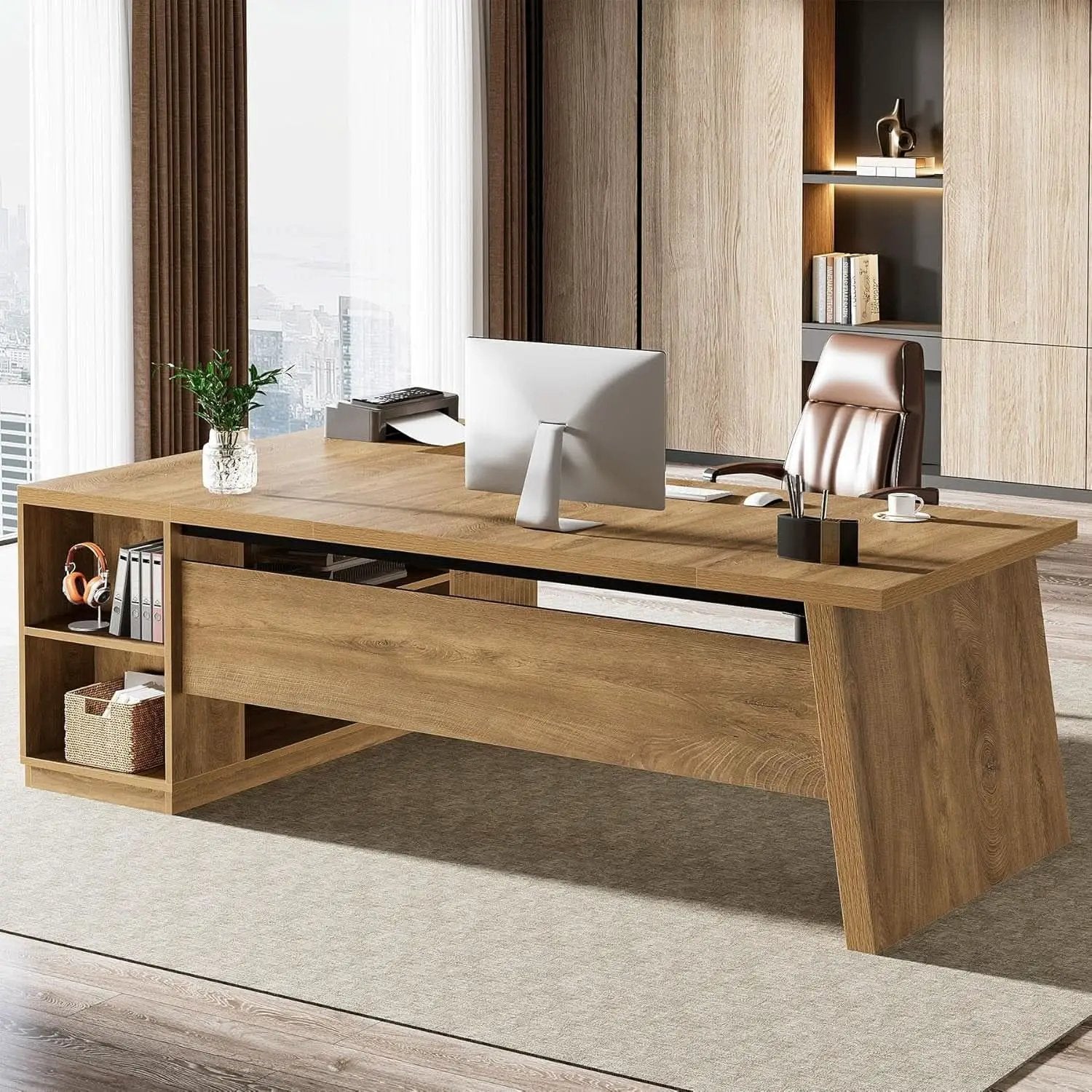 Executive Corner Desk 78 Inch Drawers Brown Shelves from PriceLows™