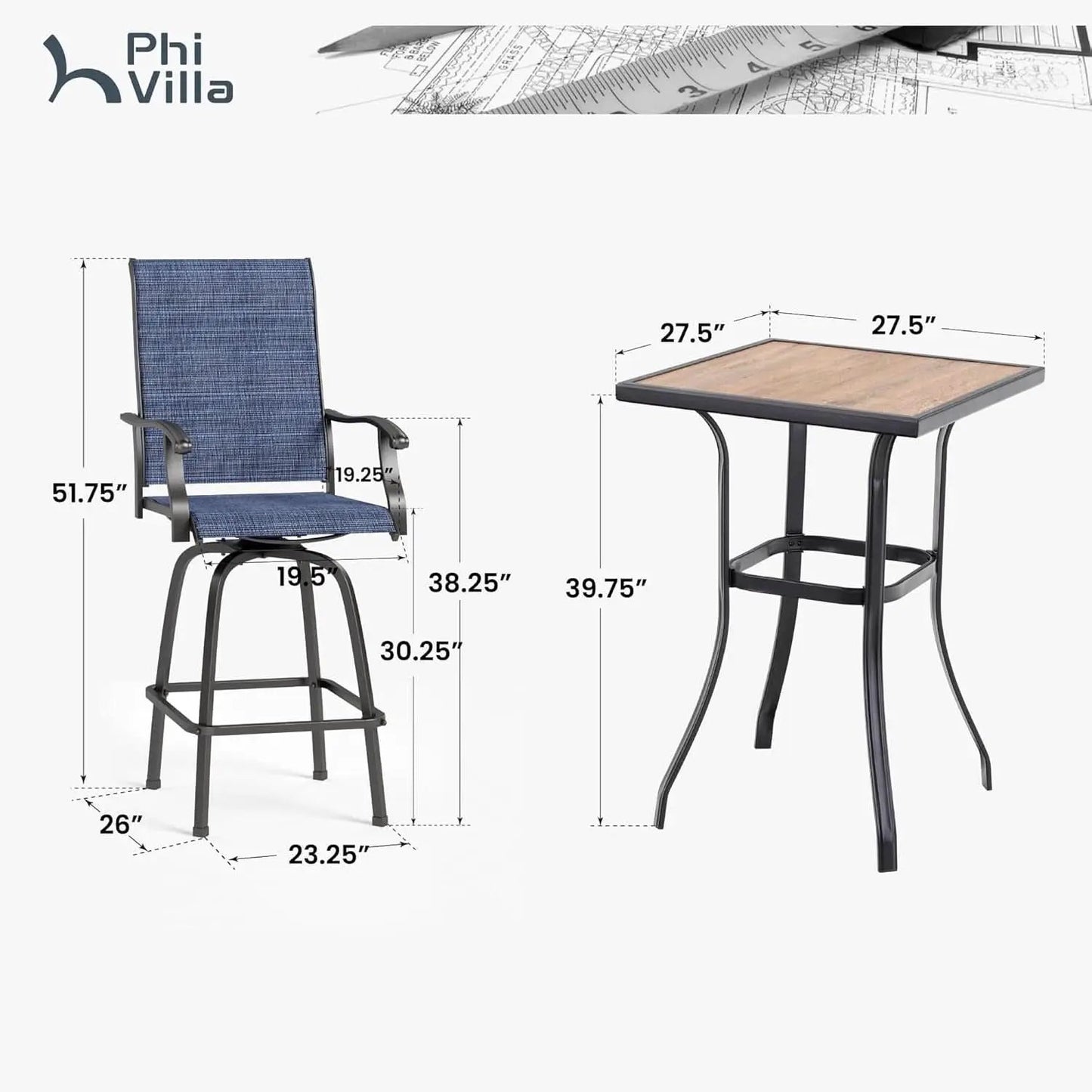 Outdoor Swivel Bar Stools Blue Textilene Table And Chairs from PriceLows™