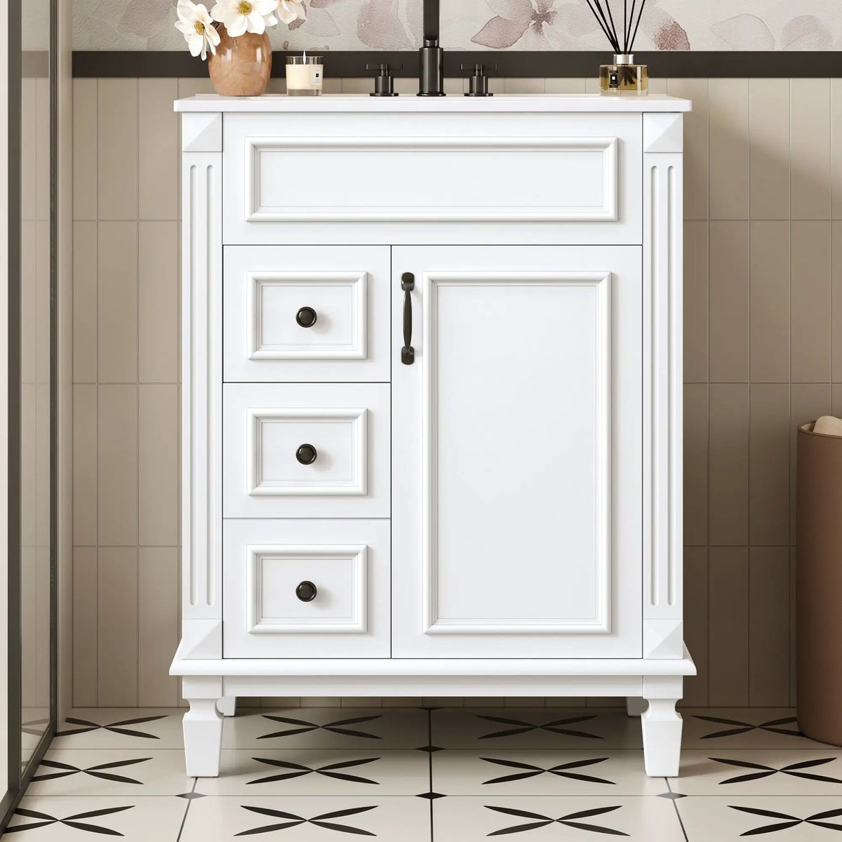 24 Inch Compact Bathroom Vanity | 2 Deep Drawers | Adjustable Shelf | Retro Button Handles