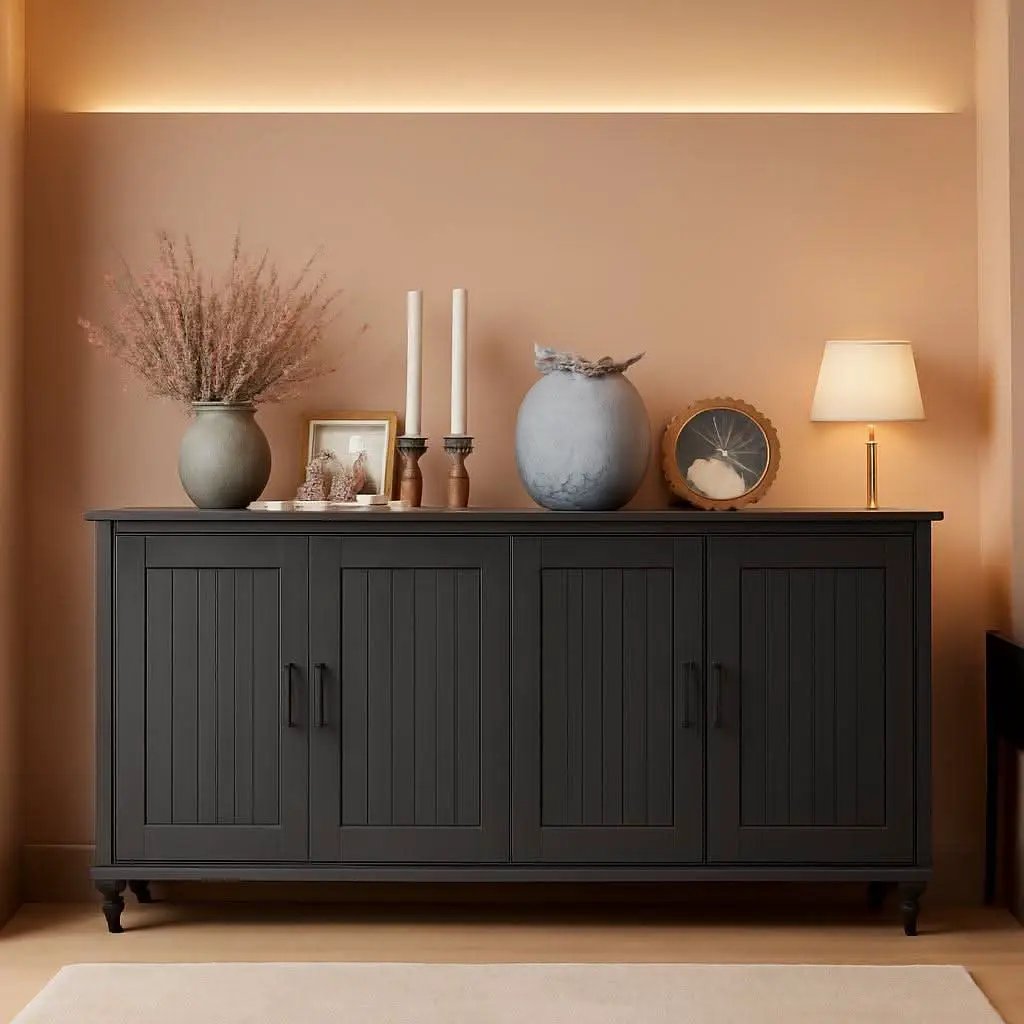 Black 62 Inch Coffee Bar Cabinet Four Doors Storage from PriceLows™