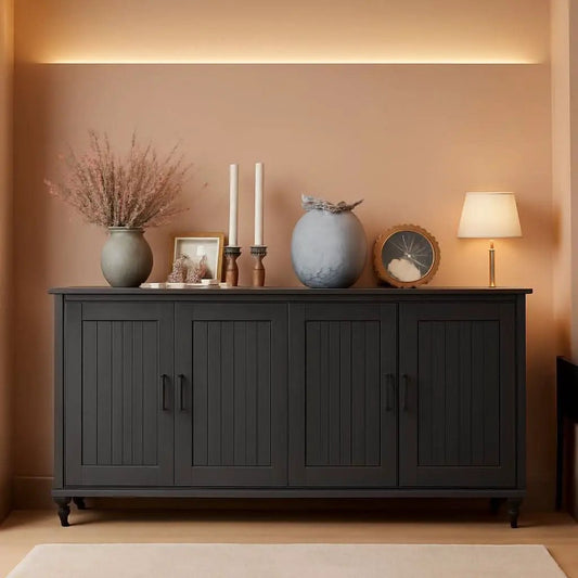 Black 62 Inch Coffee Bar Cabinet Four Doors Storage from PriceLows™