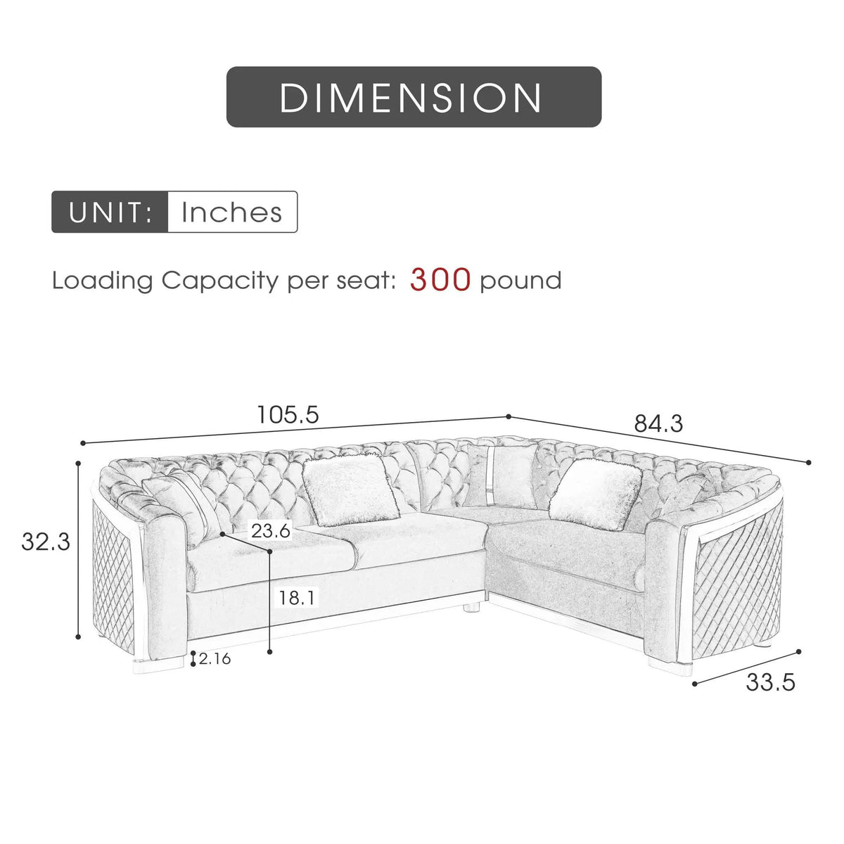 L Shaped Chesterfield Sectional Sofa With Stainless Steel Accents | 105.52 x 84.25 x 32.28 in | Stainless Steel | Living Room