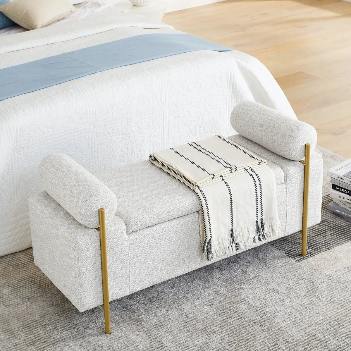 Upholstered Storage Bench | Cylindrical Arms | Iron Legs