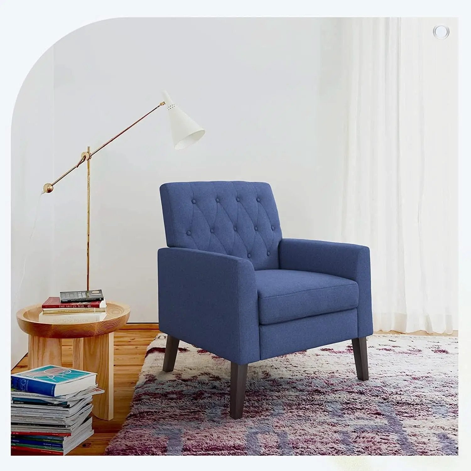 Blue Armchair For Small Spaces With Linen Upholstery And Wooden Legs from PriceLows™
