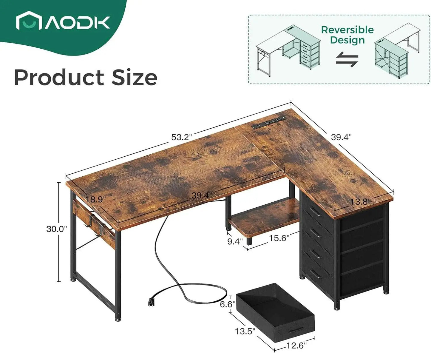 L Shaped Desk With USB Ports And 4 Drawers 53 Inch from PriceLows™