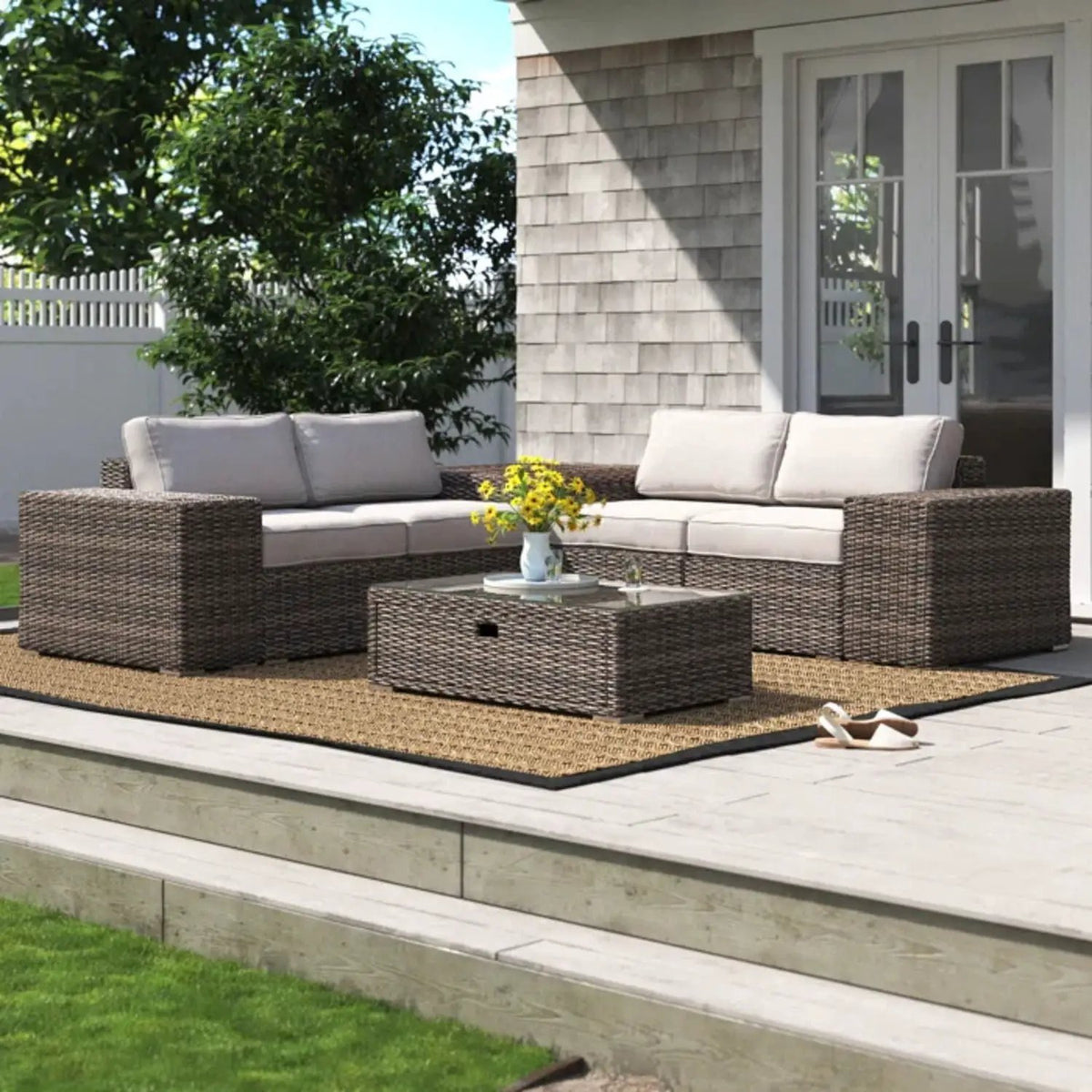 Patio Rattan Sectional Set | Half-Round HDPE Wicker | Rustproof Aluminum Frame | Fully Assembled