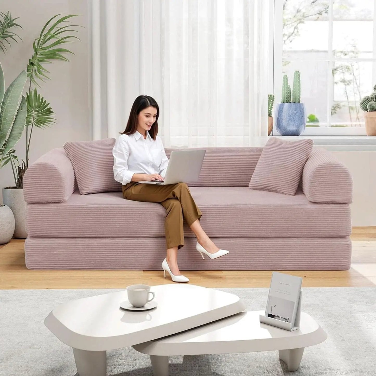 Transformable Sofa Bed QueenSize Pink Folding Frame from PriceLows™