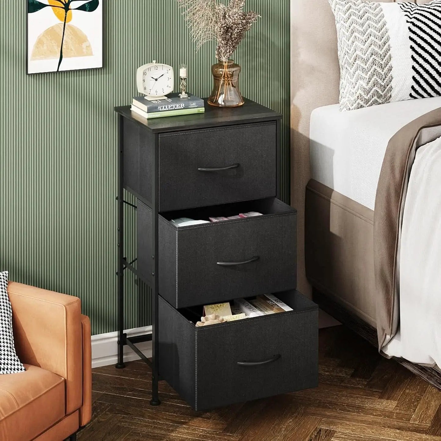 Charcoal Black 3 Drawer Dresser With Wood Top Steel Frame from PriceLows™
