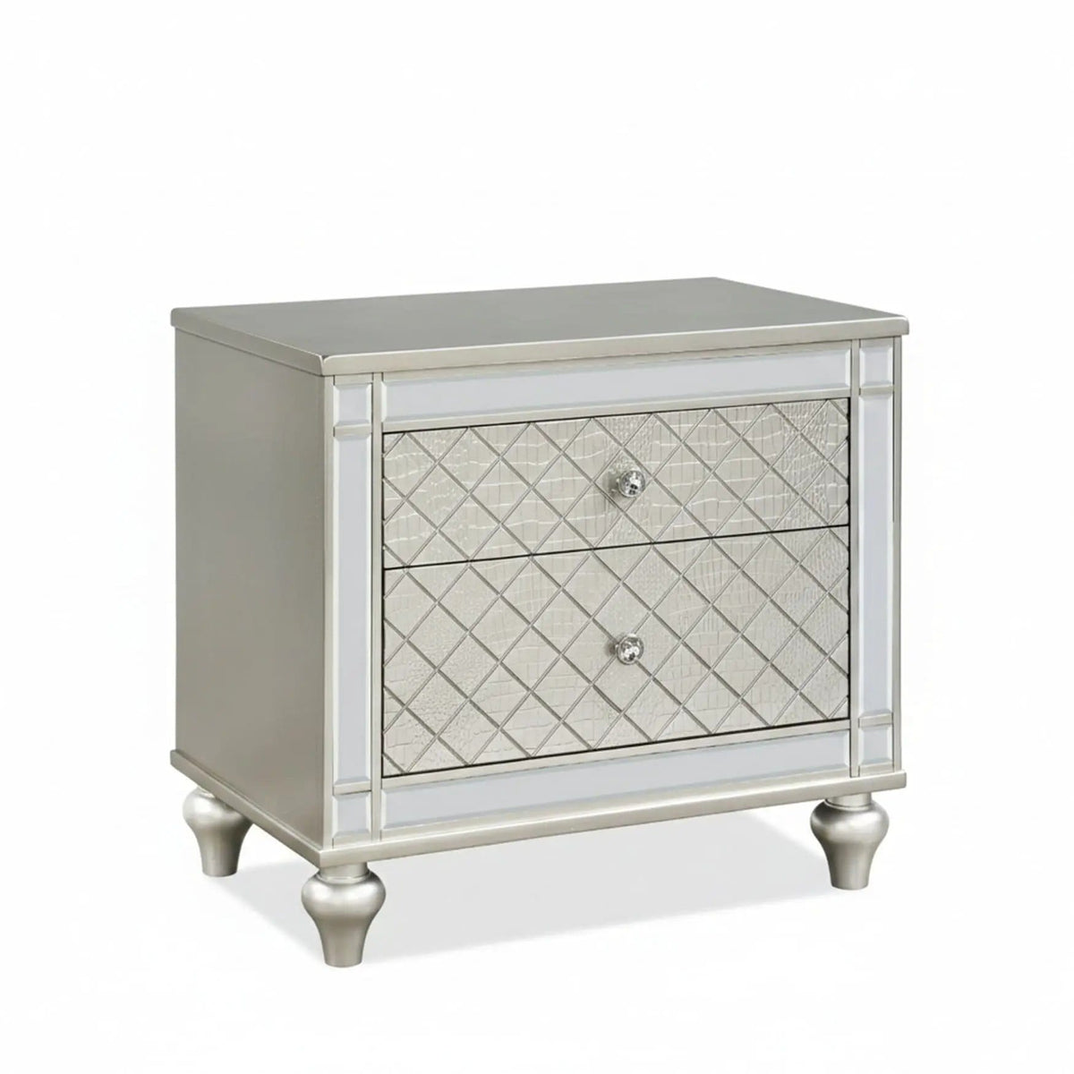 2 Drawer Nightstand With Diamond Patterned Fronts - | 28 x 18.3 x 26.5 in | 2-Drawer | Silver