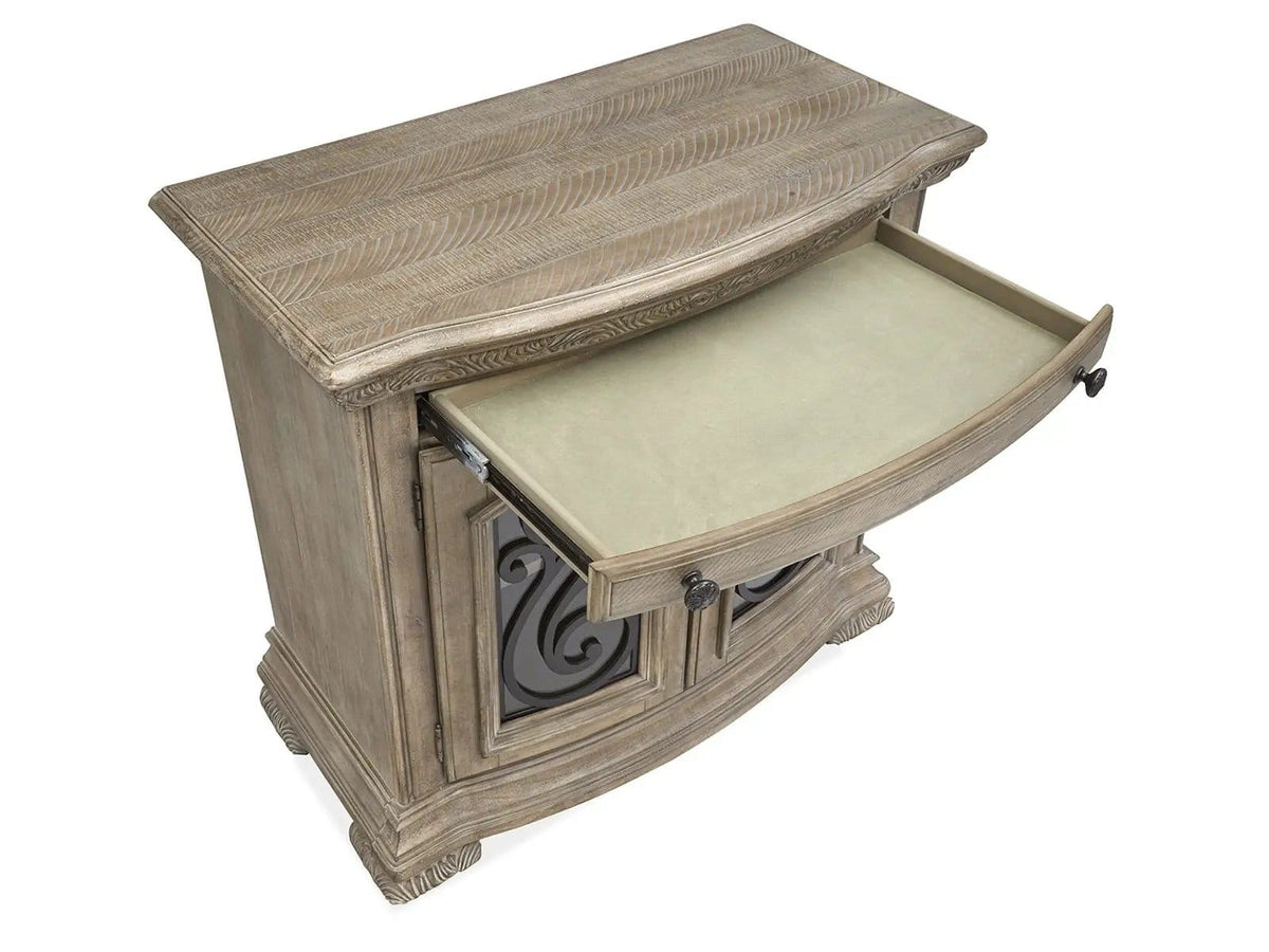 Marisol Bachelor Chest Nightstands w/ Charging Station | 18 x 34 x 32.5 in | Tempered Glass & Metal | Fawn