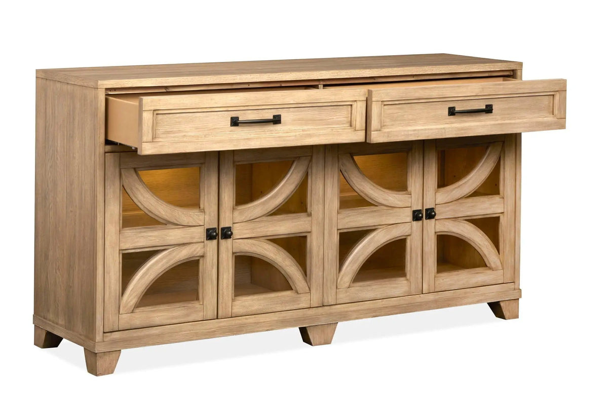 Coventry Buffet | 18 x 66 x 36 in | Oak Veneer & Tempered Glass | Honey Maple