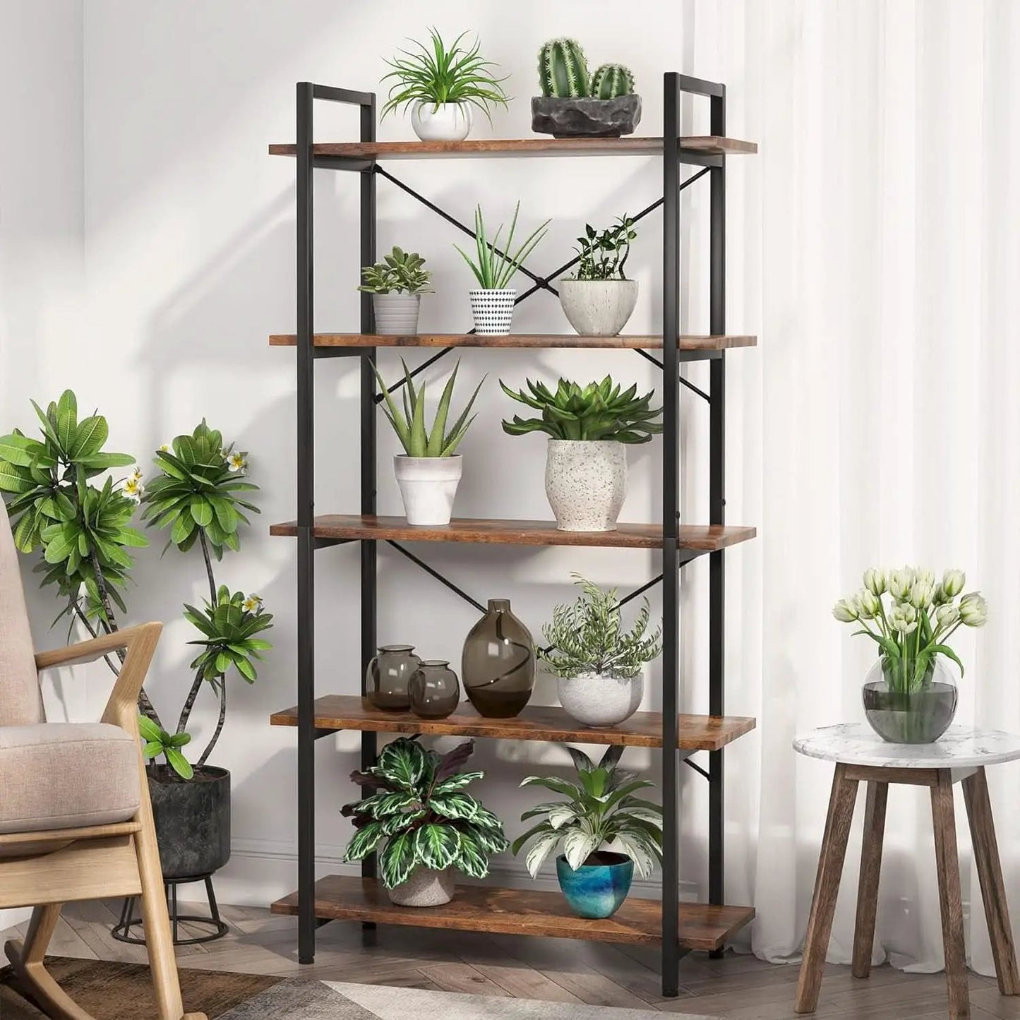 Industrial Rustic 5 Tier Etagere Bookshelf With Metal Frame from PriceLows™
