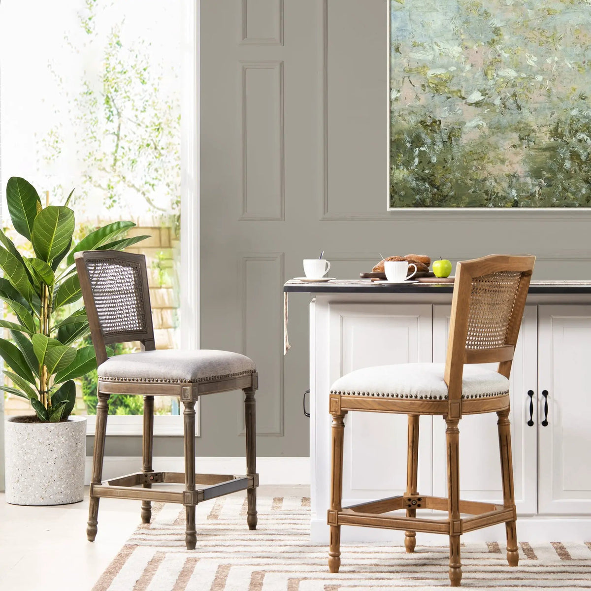 Triomphe Rattan Counter Bar Stool | French Country Style | High Back Armless | Wicker Weave
