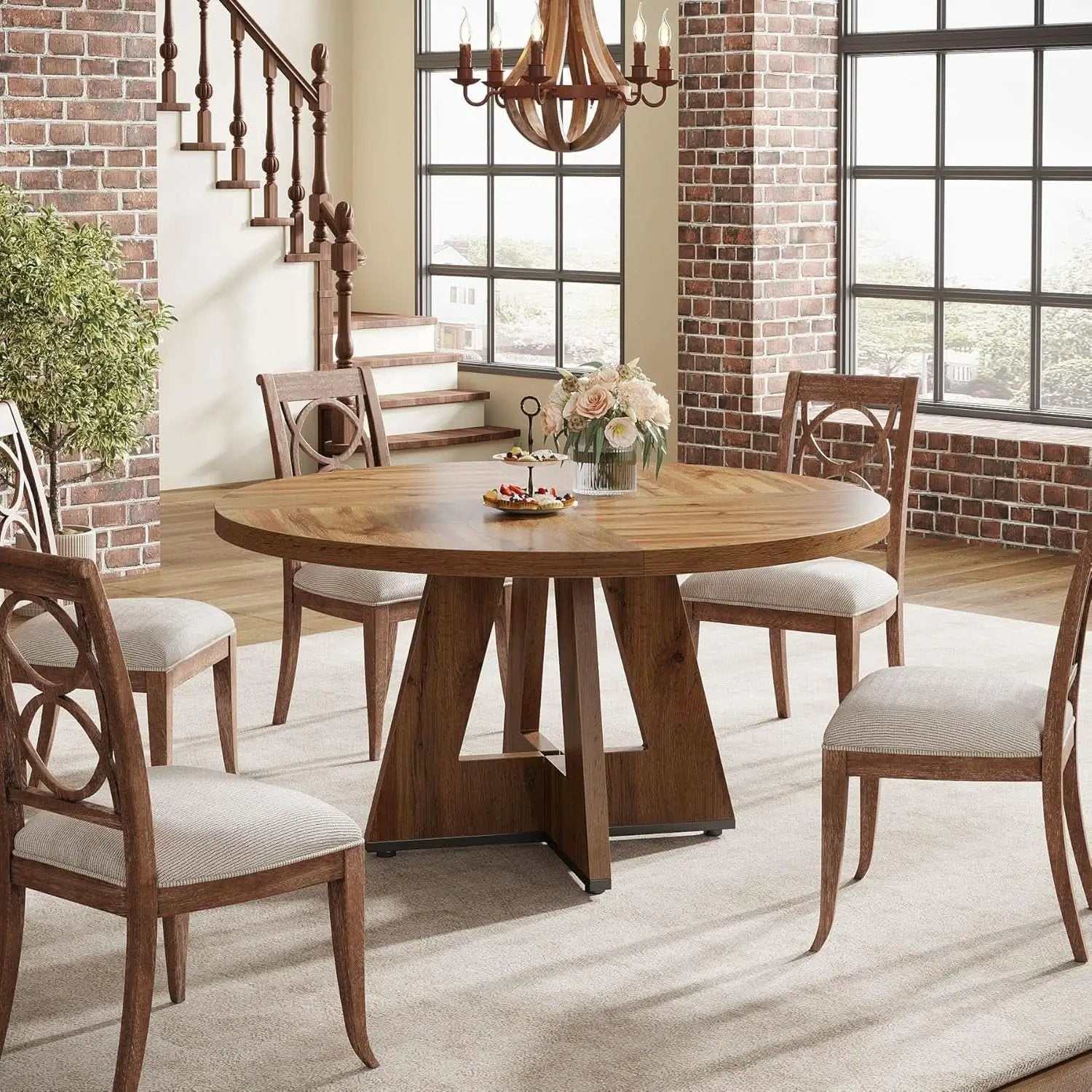 Round 47 Inch Farmhouse Dining Table For Four Kitchen Living Room Wood from PriceLows™