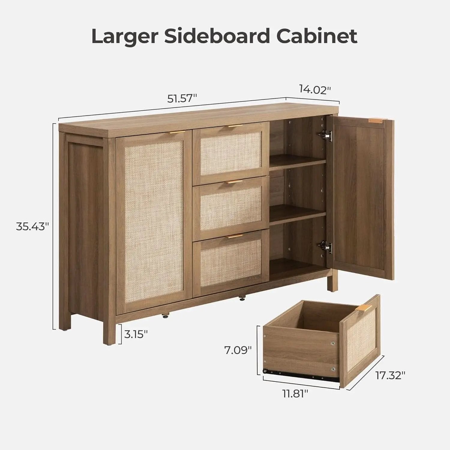 Caramel Oak Rattan Large Sideboard Buffet Storage Cabinet from PriceLows™